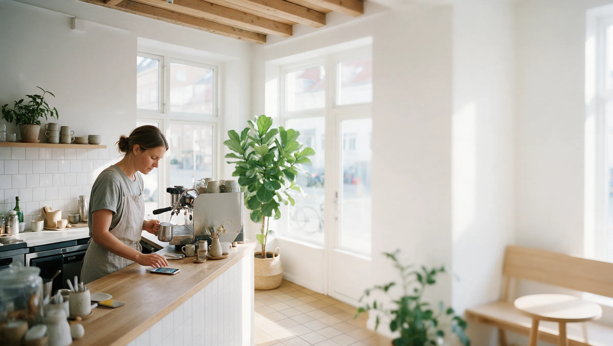 Caféejer ved espressomaskinen med telefonen på disken